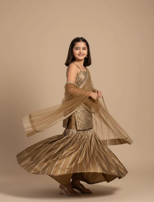 Pre Order: Golden Kurta And Sharara Suit Set