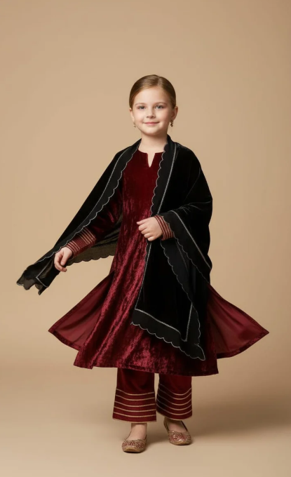 Pre Order: Maroon Velvet And Black Dupatta Suit Set