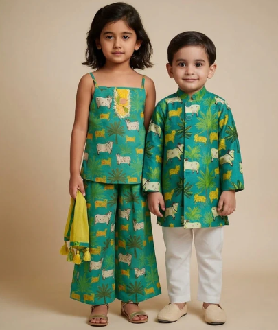 (Boy) Pre Order: Cows And Trees Printed Green Sherwani With Pyjama