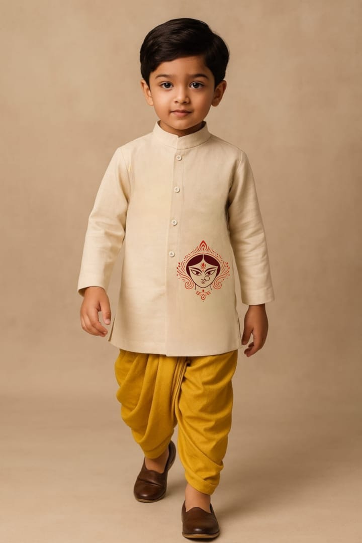 Pre Order: Maa Shakti Off White Kurta With Yellow Dhoti