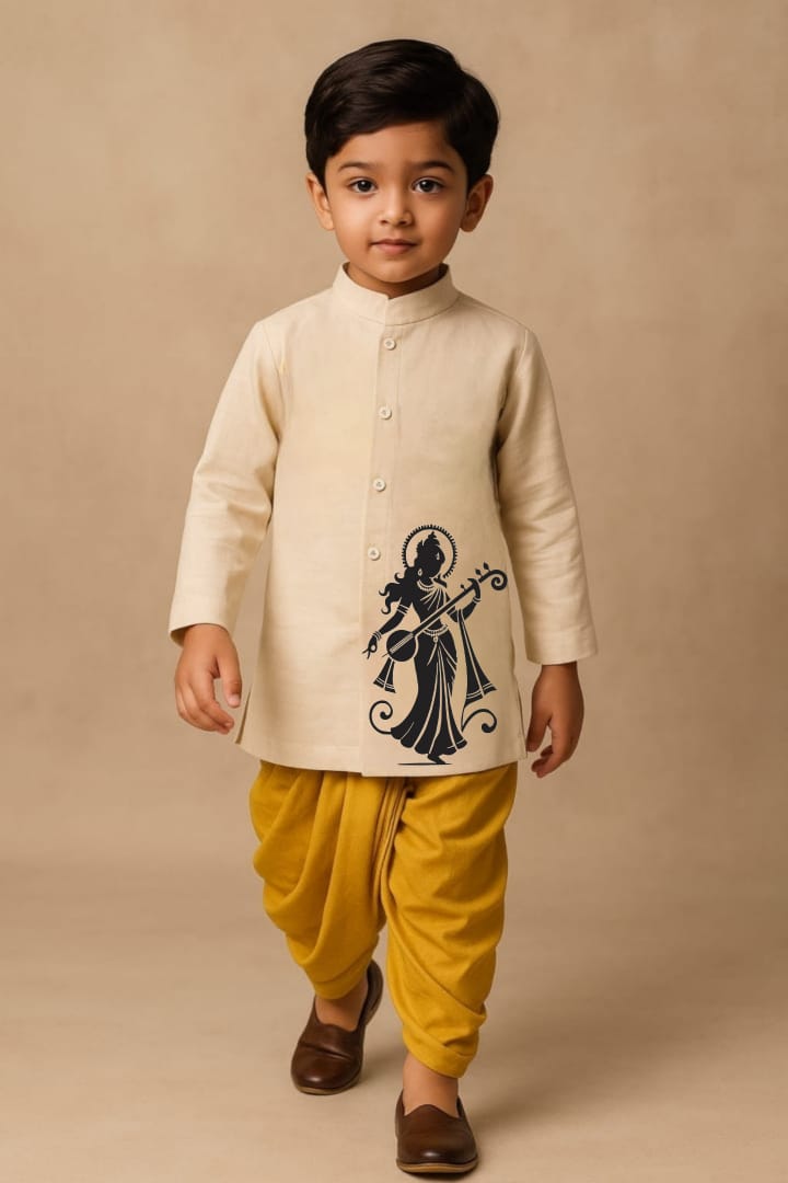 Pre Order: Goddess of Harmony Off White Kurta With Yellow Dhoti