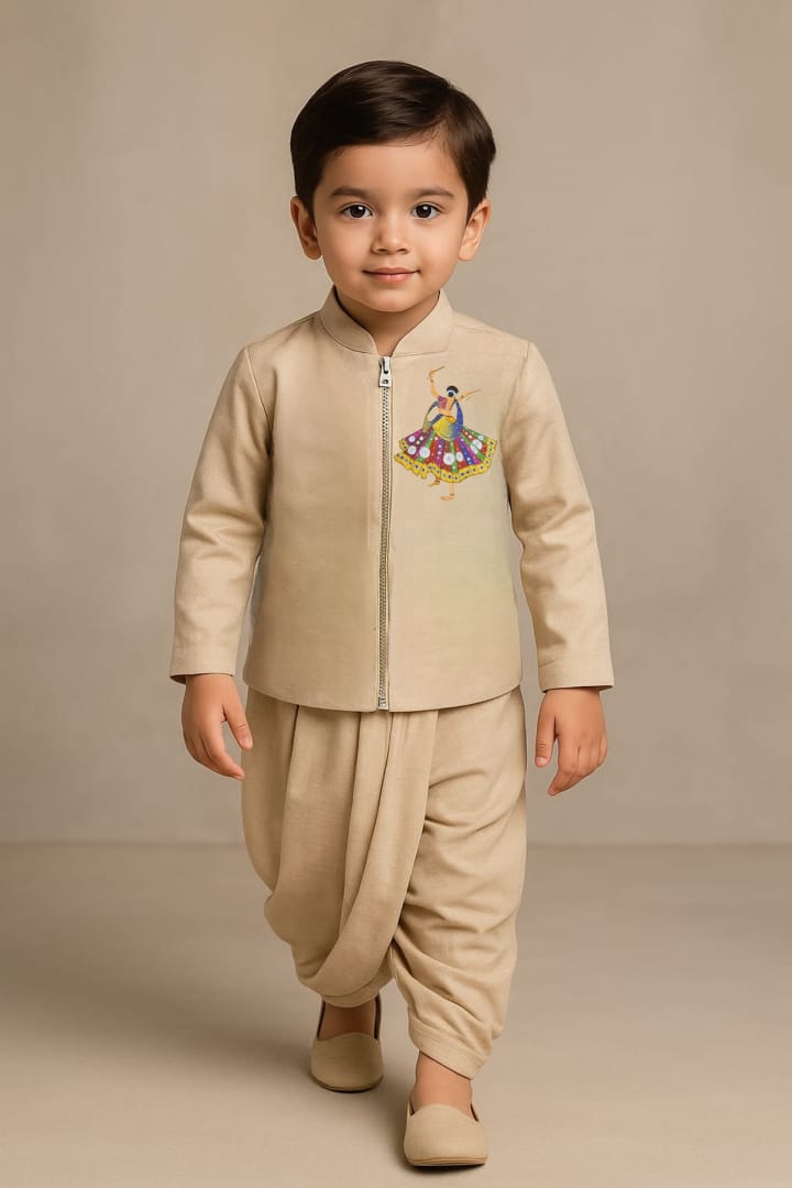 Pre Order: Raasrang Beige Jacket And Dhoti