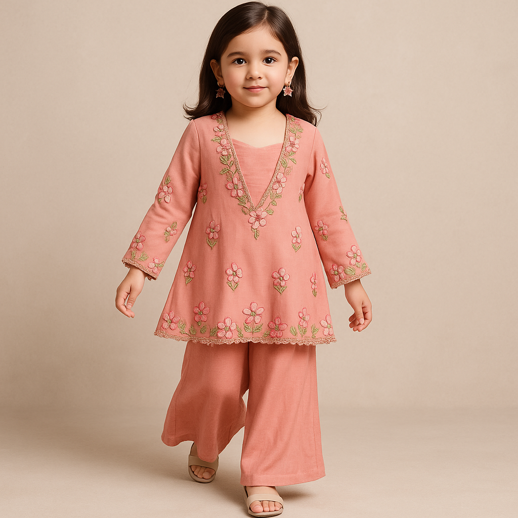 Pre Order:Pink Embroidered Kurti With Palazzo Set