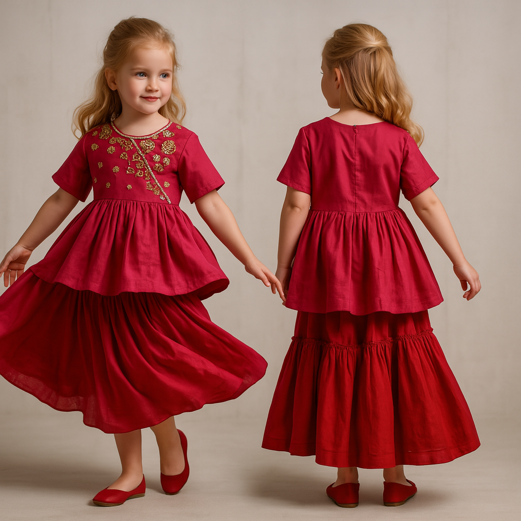 Pre Order: Yoke Embroidered Pink Top And Red Sharara