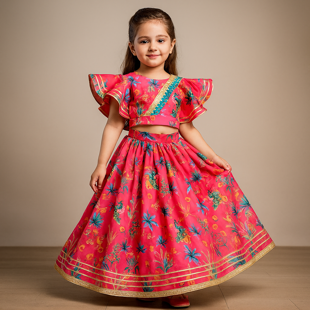 Pre Order: Printed Gota Work Frill Top And Lehenga