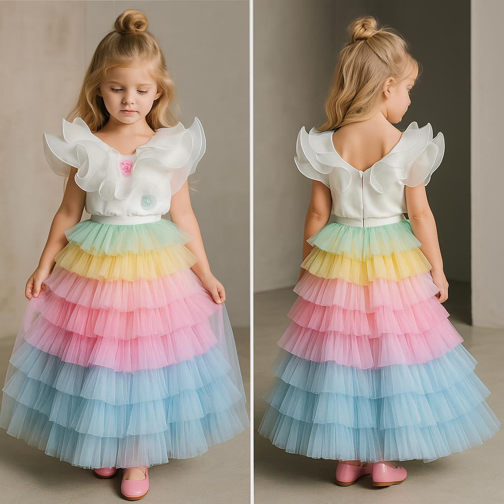 Pre Order: Frills White Top And Candy Frills Lehenga