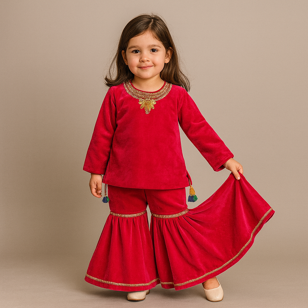 Pre Order:Contrasting Fringes Detailed Velvet Top With Sharara