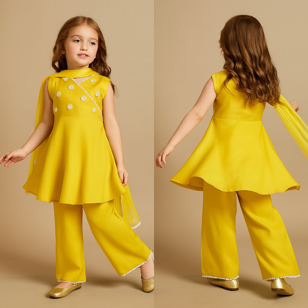 Pre Order: Umbrella Flared Hem Yellow Kurti And Palazzo With Net Dupatta