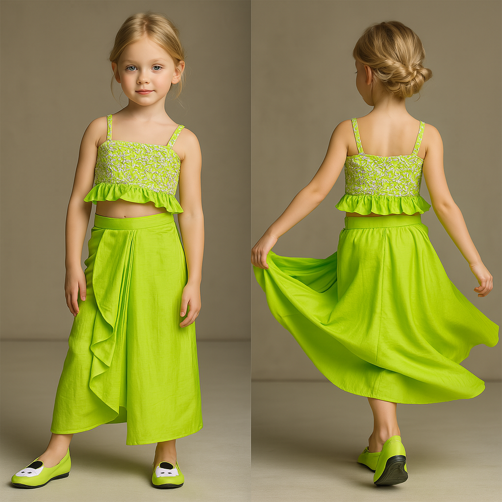 Pre Order: Floral Embroidery Top With Dhoti Style Skirt