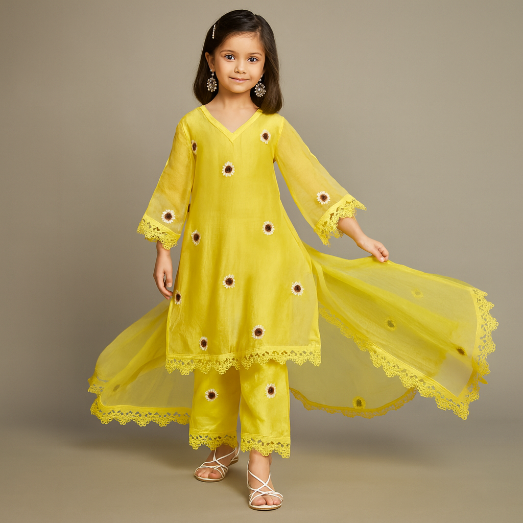 Pre Order: Yellow Kurti Lace Detailing Suit Set