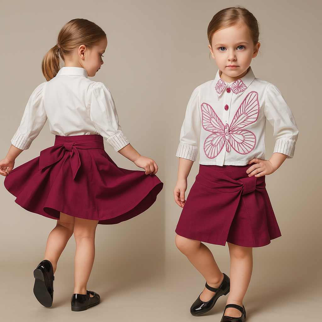 Pre Order: White Butterfly Embroidered Top With Stylish Wine Skirt