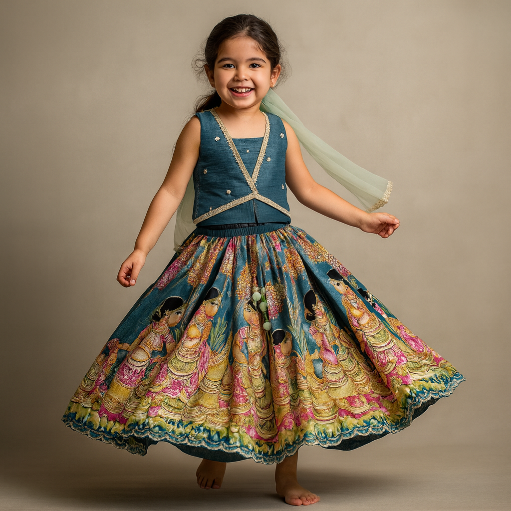 Blue Pin Tuck Top And Ethnic Printed Lehenga With Green Dupatta