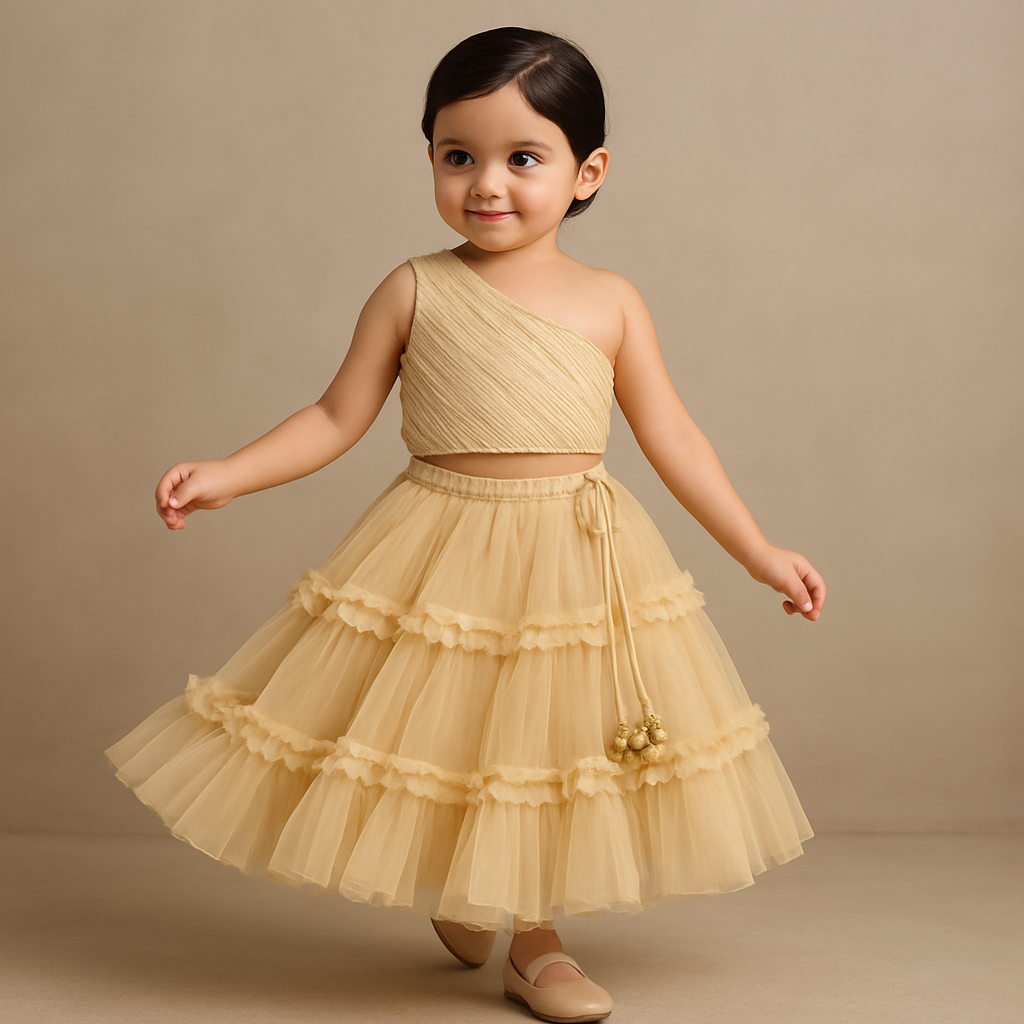 Pre Order: Elegant Beige Lace Work One Shoulder Top And Ruffle Lehenga