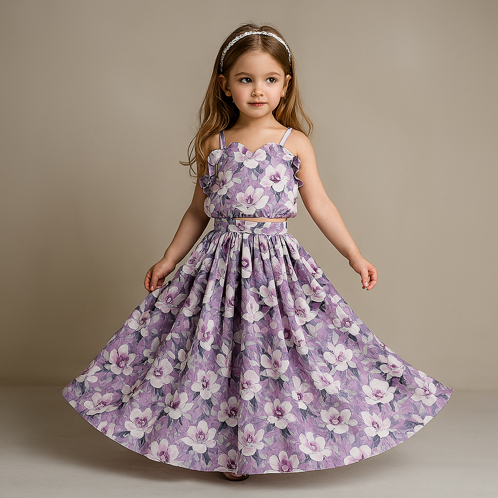 Lavender Printed Goti Work Top And Lehenga