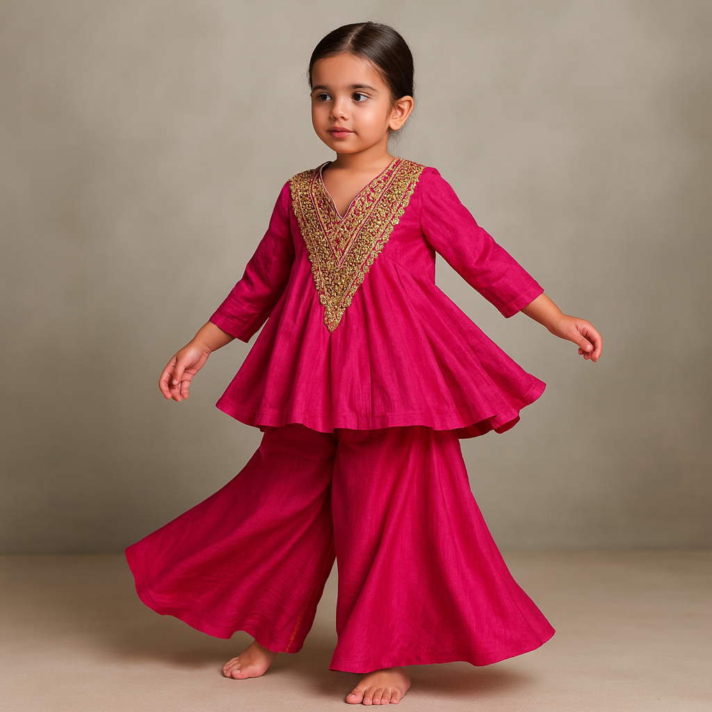 Pre Order: Pink Embellished Top With Flared Palazzo