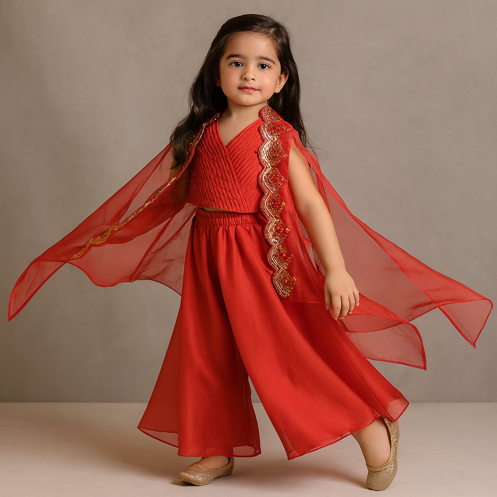 Pre Order: Gorgeous Sleeveless Pin Tuck Detailed Top With Embroidered Cape And Palazzo