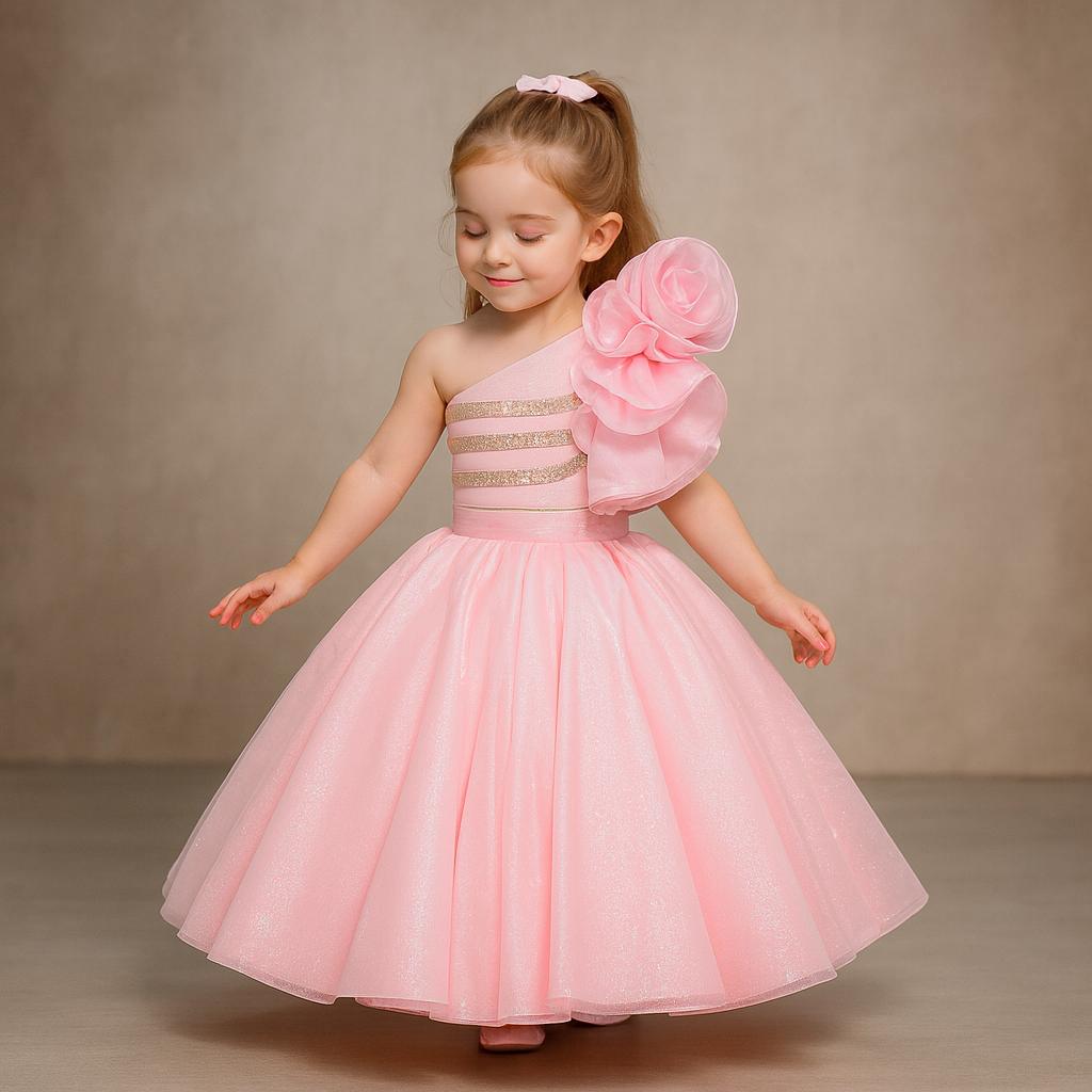 Pink One Shoulder Ruffle Top And Shimmery Lehenga