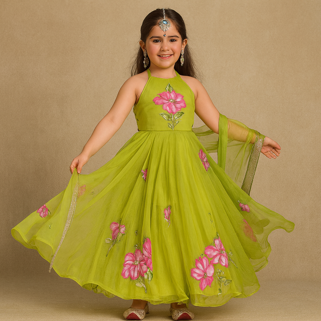 Pre Order: Green Floral Print Anarkali Suit Set