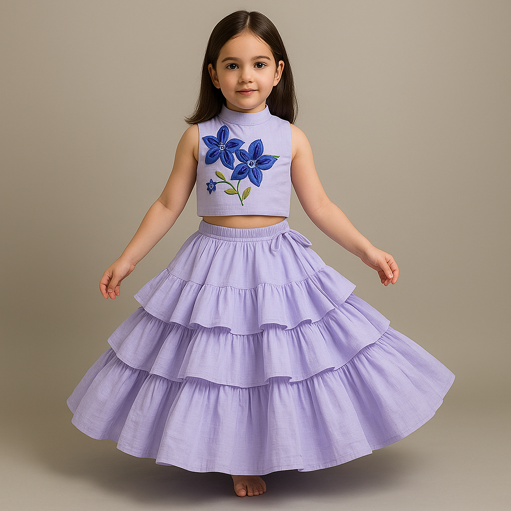 Pre Order: Purple Floral Thread Embroidered Pleated Neck Top With Ruffle Layered Lehenga