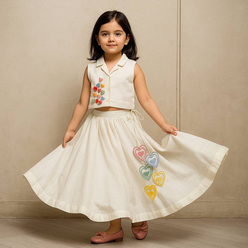 Pre Order: Tiny Hearts Embroidered Off White Top And Lehenga