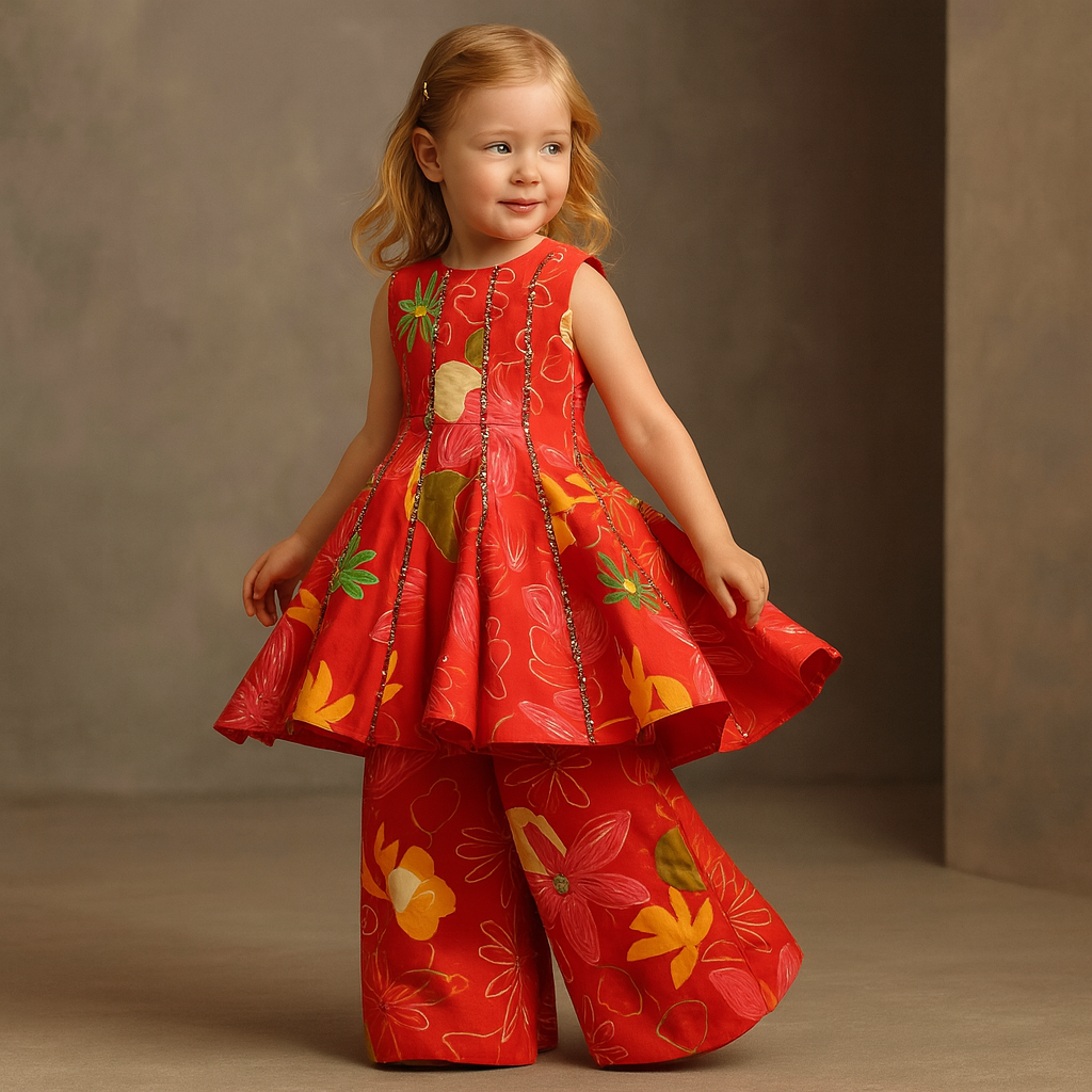 Pre Order: Red Floral Printed Sleeveless Kurti With Matching Palazzo