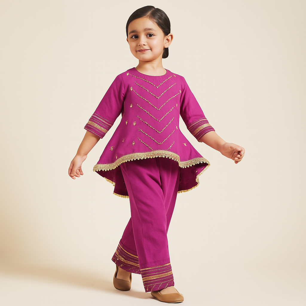 Pre Order: Purple Embroidered High Low Kurti With Pant