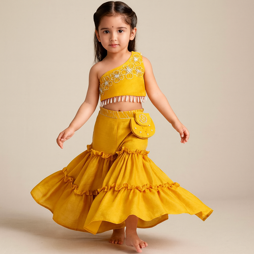 Pre Order: Charming Shimmery One-Shoulder Floral Embroidered Top With Sharara