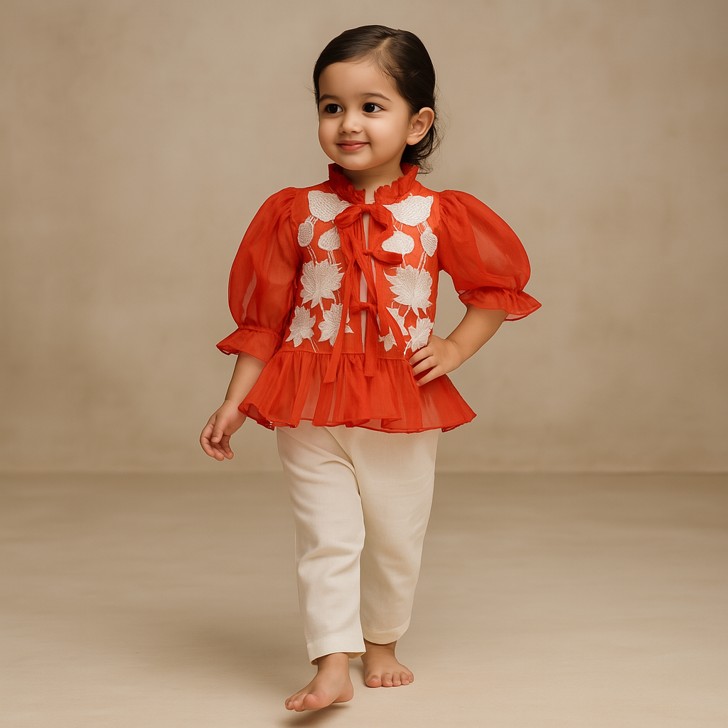 Pre Order: Off White Top With Front Tie Up Knot Applique Embroidered Jacket And Pant