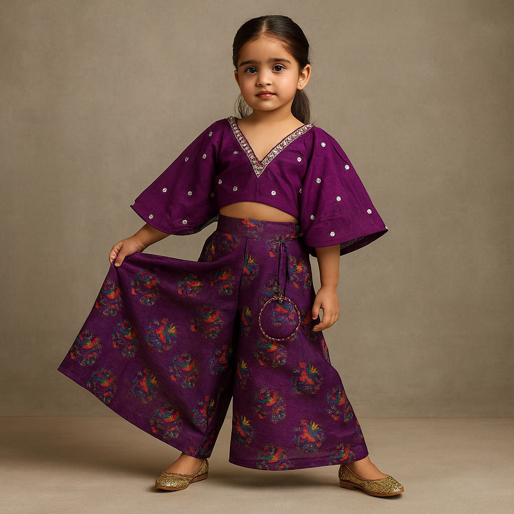 Pre Order: Stylish Purple Top With Printed Palazzo