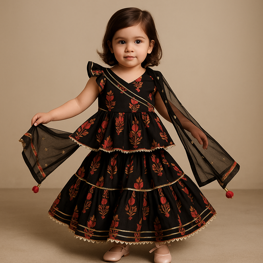 Pre Order: Black Cotton Floral Printed Kurti And Sharara With Net Dupatta