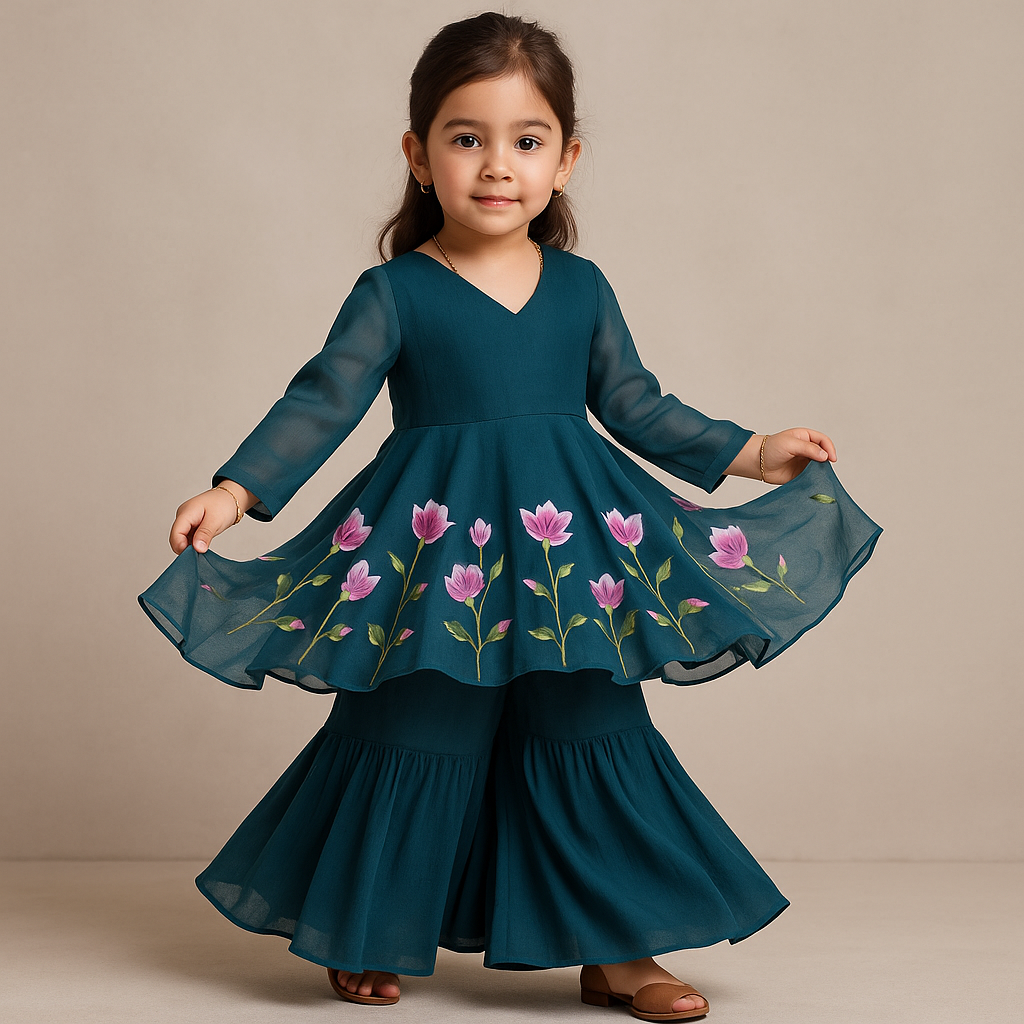 Pre Order:Teal Blue Floral Print Sharara Set
