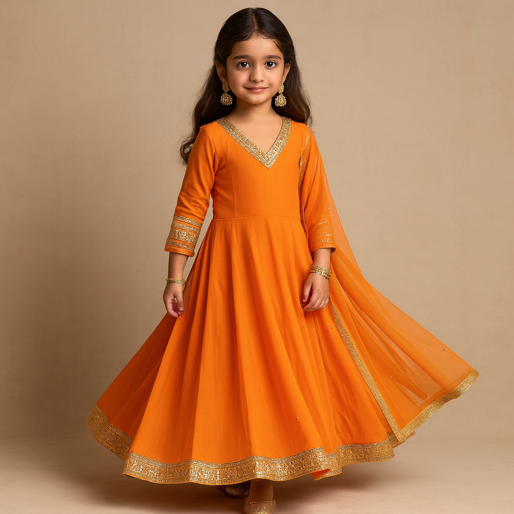 Pre Order: Orange Anarkali Gota Detailing Suit Set