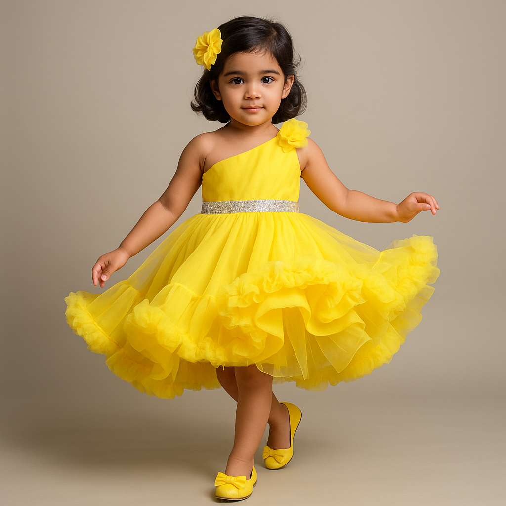 Pre Order: One Shoulder Ruffled Hem High Low Yellow Dress with Matching Head Band