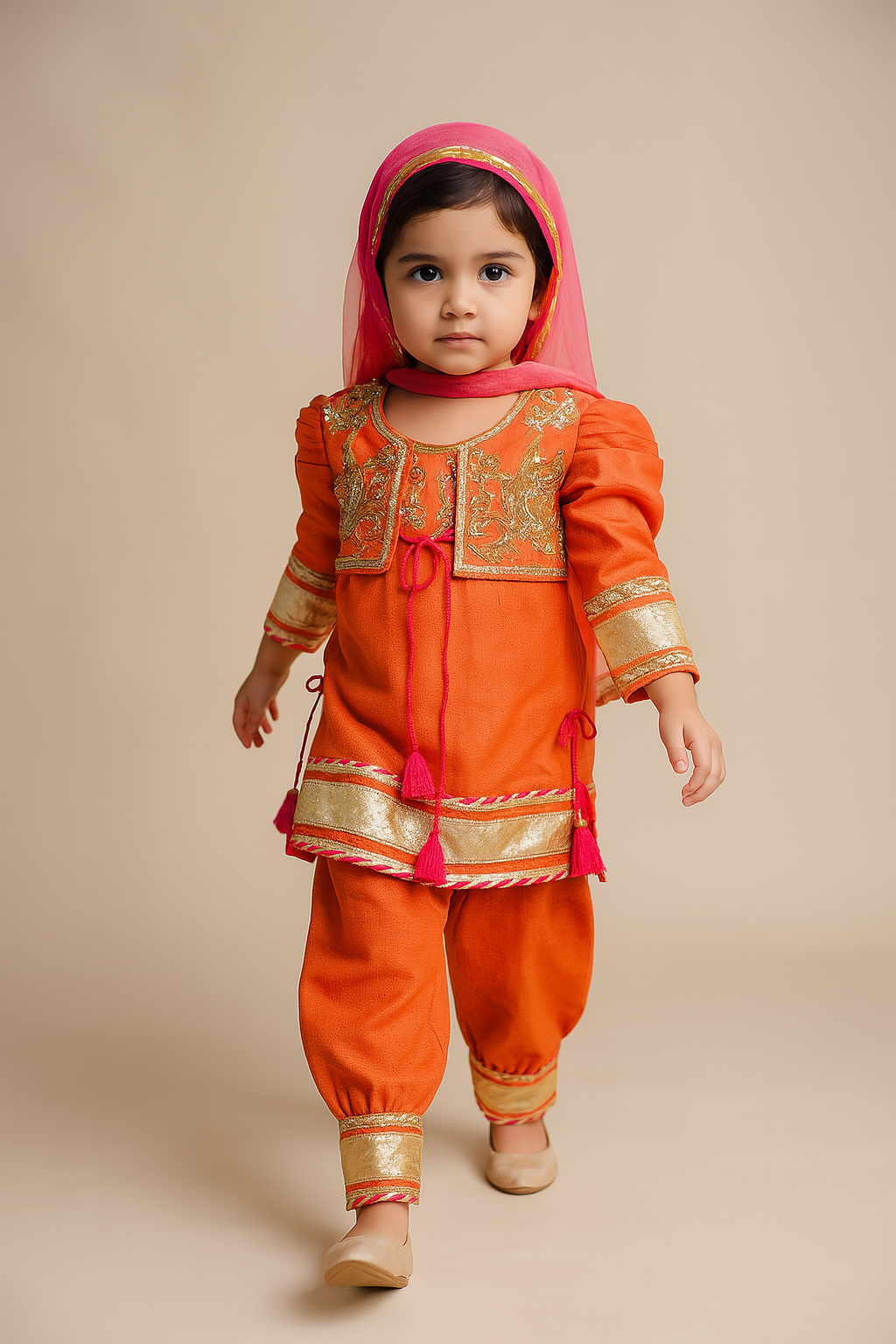 Pre Order: Orange Embroidered Front Open Flap Kurti With Pant And Dupatta