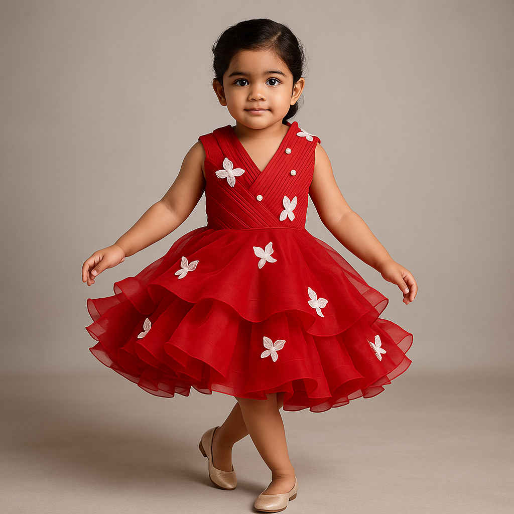 Pre Order: Red Pleated Yoke Butterfly Dress With Stiff Belt