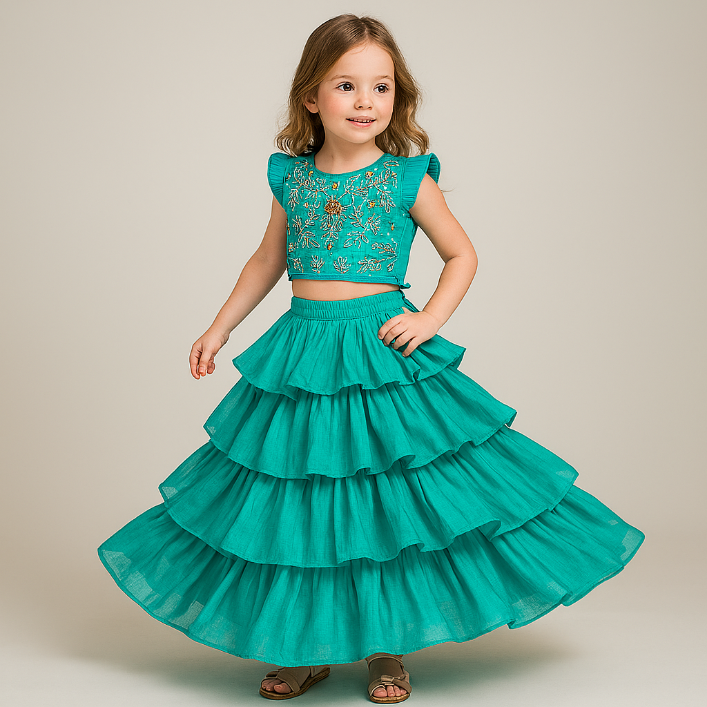 Pre Order: Charming Floral Cut Dana Embroidered Teal Blue Top And Multi Layered Ruffle Lehenga