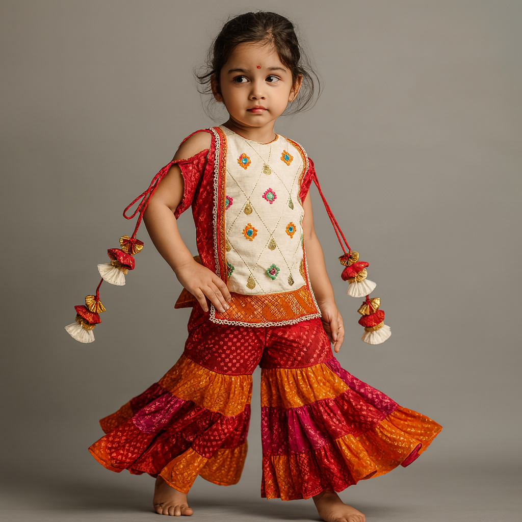 Pre Order: Stunning Bandhani Printed Embellished Top With Sharara And Dupatta