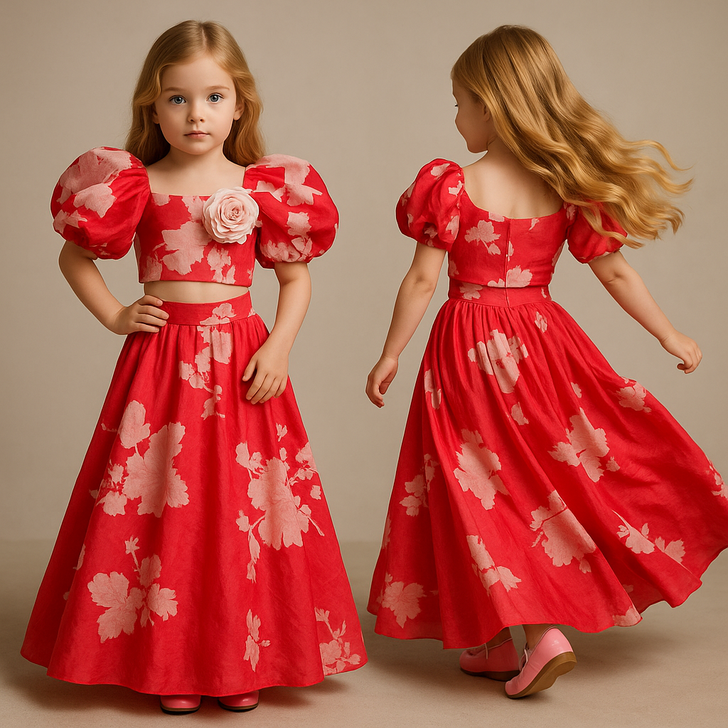 Pre Order: Elegant Floral Printed Pink Scalloped Hem Top And Lehenga