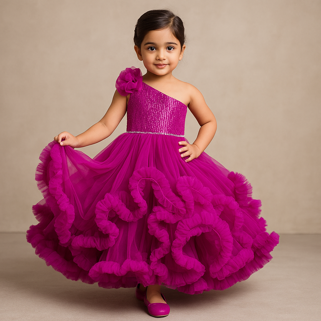 Pre Order: Sequins Embellished One Shoulder Ruffle Layered Party Wear Rani Pink Gown