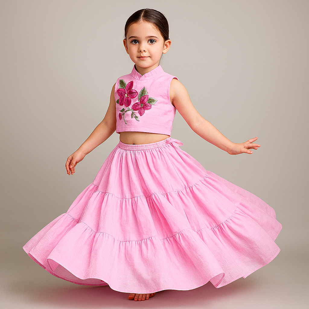 Pre Order: Purplish Pink Floral Thread Embroidered Pleated Neck Top With Ruffle Layered Lehenga