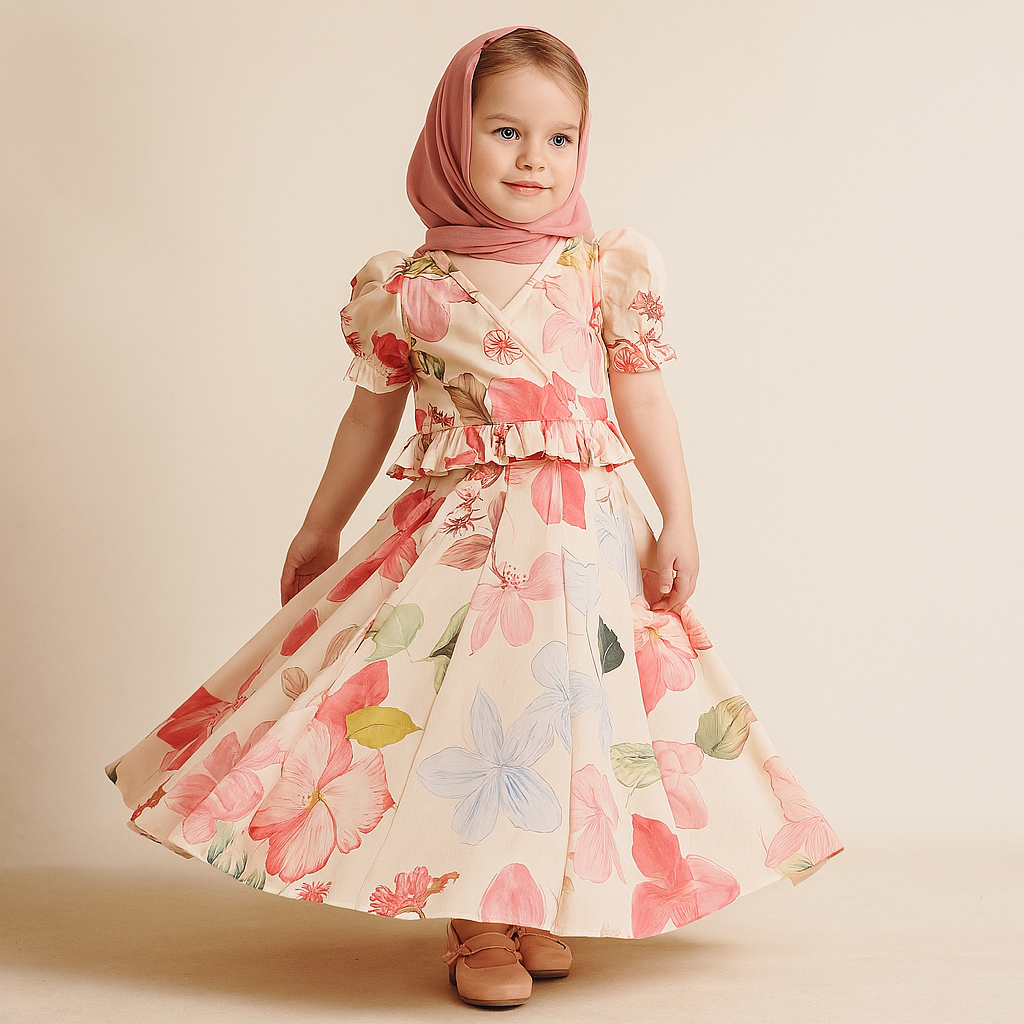 Pre Order: Flower Printed Cream Top And Lehenga With Dupatta