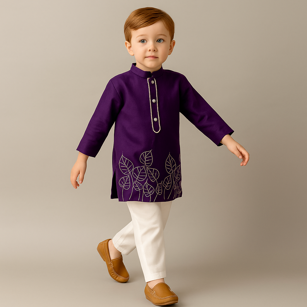 Pre Order: Purple Leaf Embroidered Kurta With Pyjama