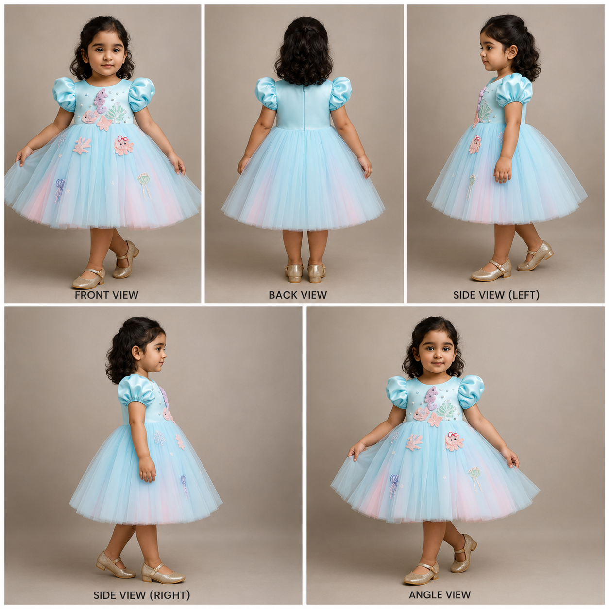Pre Order: Blue And Pink Satin Dress With Sea Creature Embroidery
