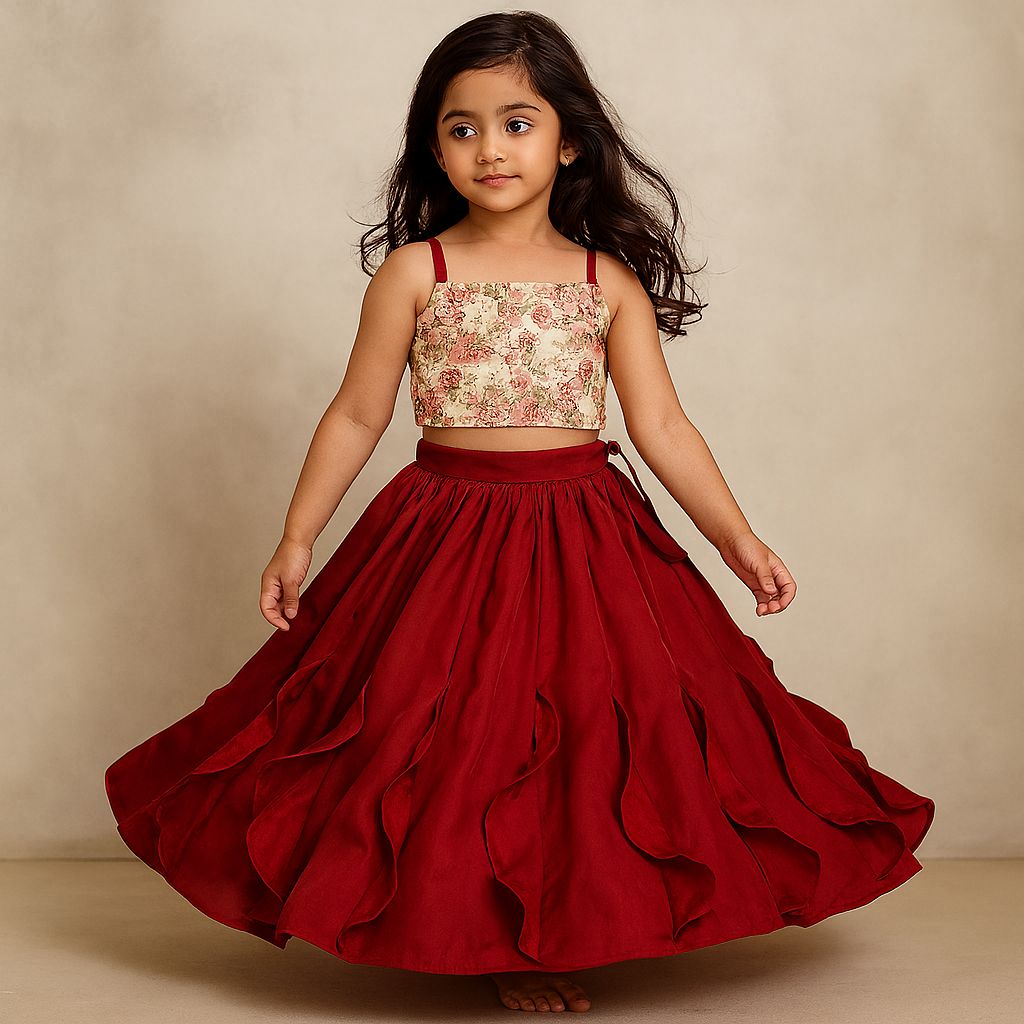 Pre Order: Floral Printed Top And Stylish Pleated Maroon Lehenga