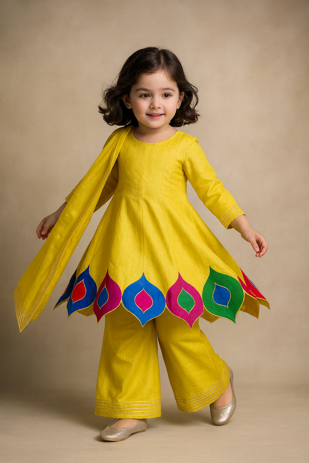 Pre Order: Contrast Hem Flared Top And Palazzo With Matching Dupatta