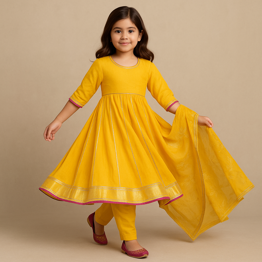 Pre Order: Yellow Anarkali With Dupatta And Gota Detailing