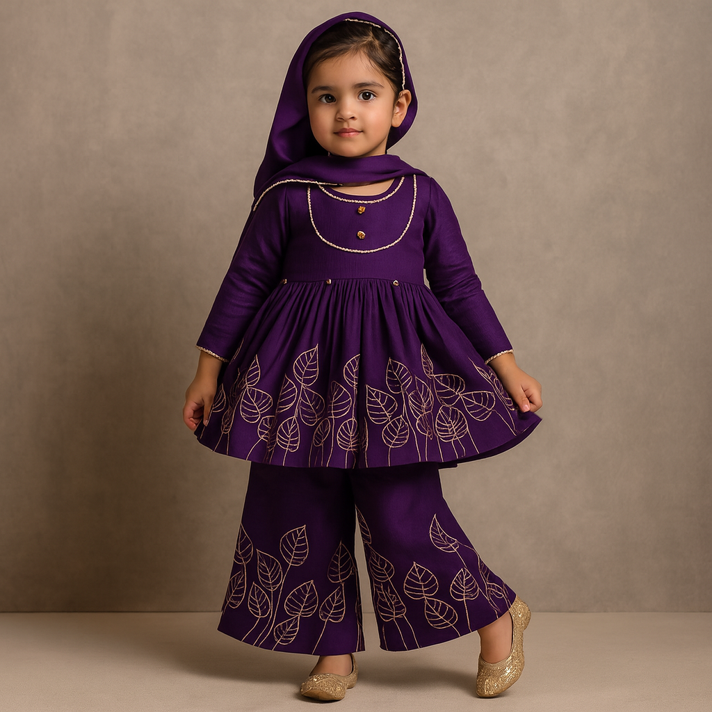 RTD Pre Order: Leaf Embroidered Kurti With Matching Embroidered Palazzo And Dupatta