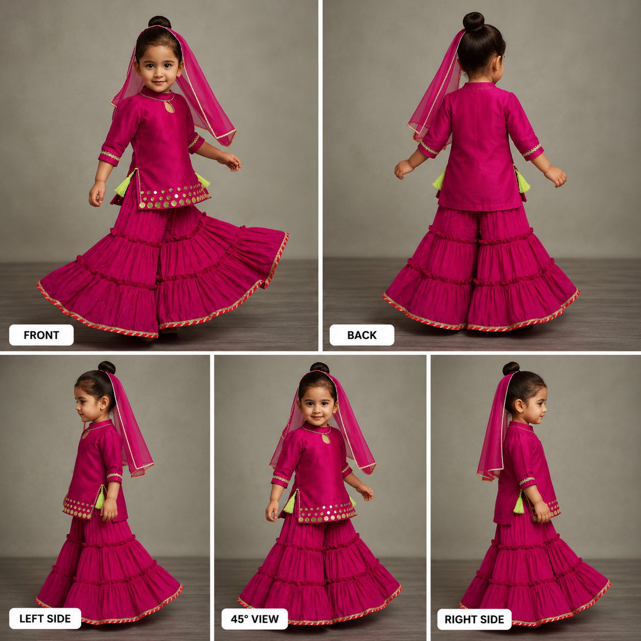 Elegant Strappy Top With Embellished Kurti And Ruffled Sharara With Dupatta