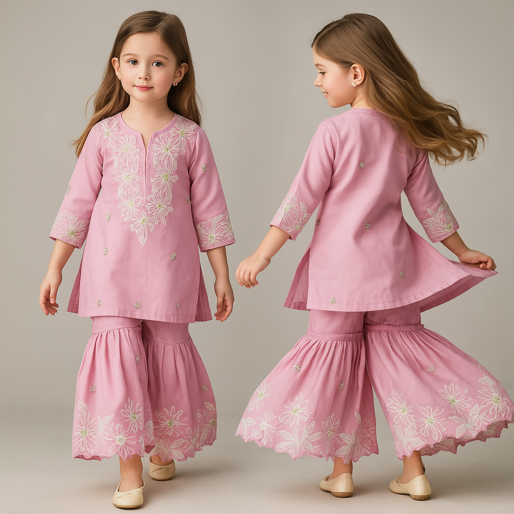 Pre Order: Pink Front Placket Kurti And Pleated Sharara With Net Dupatta