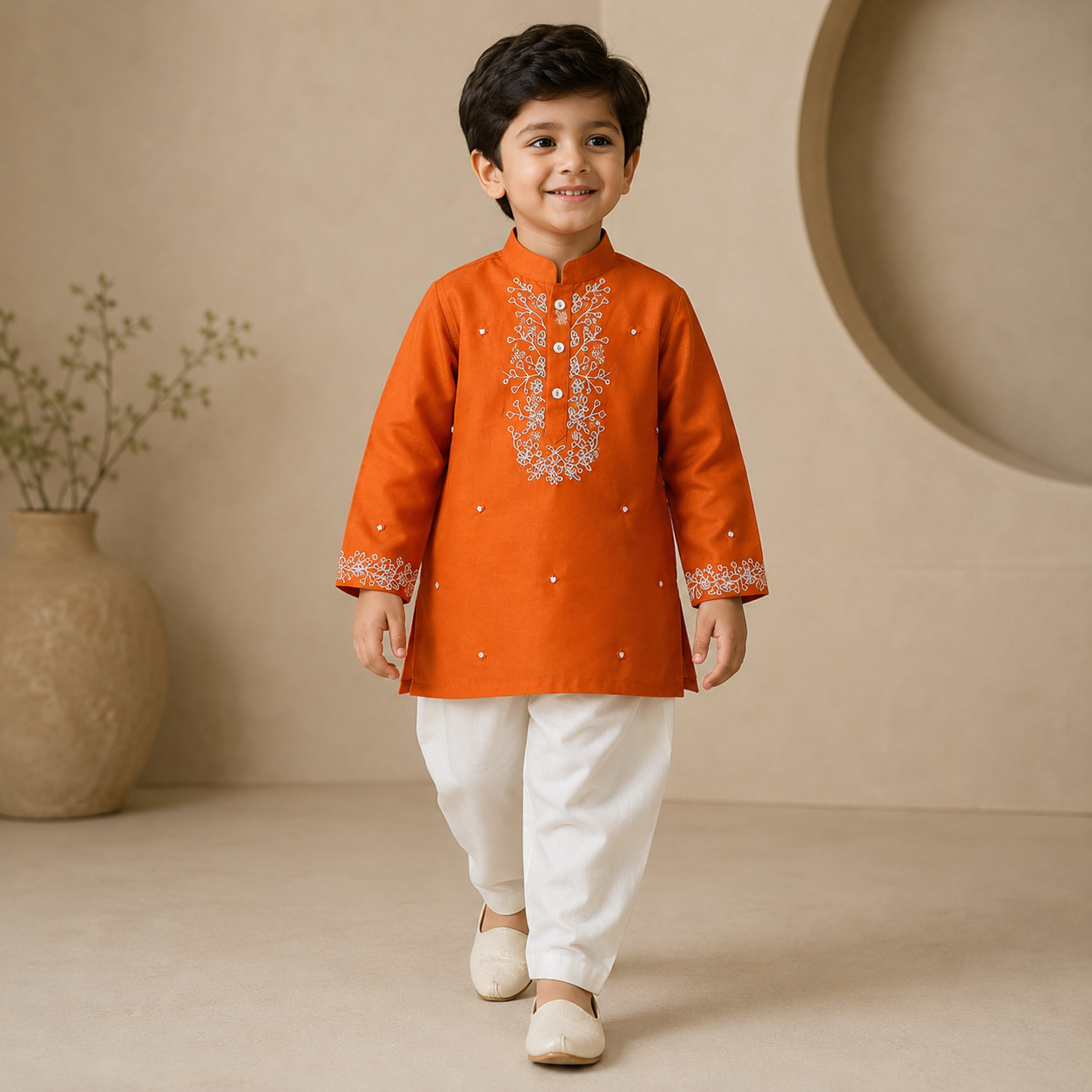 Pre Order: Orange Faux Mirror Work Kurta With Pyjama